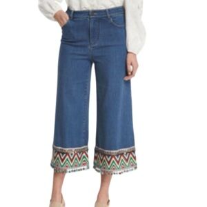 Alice + Olivia Beta Crop Wide Leg Blue Jean Embroidery Sequins Tassels Size 28